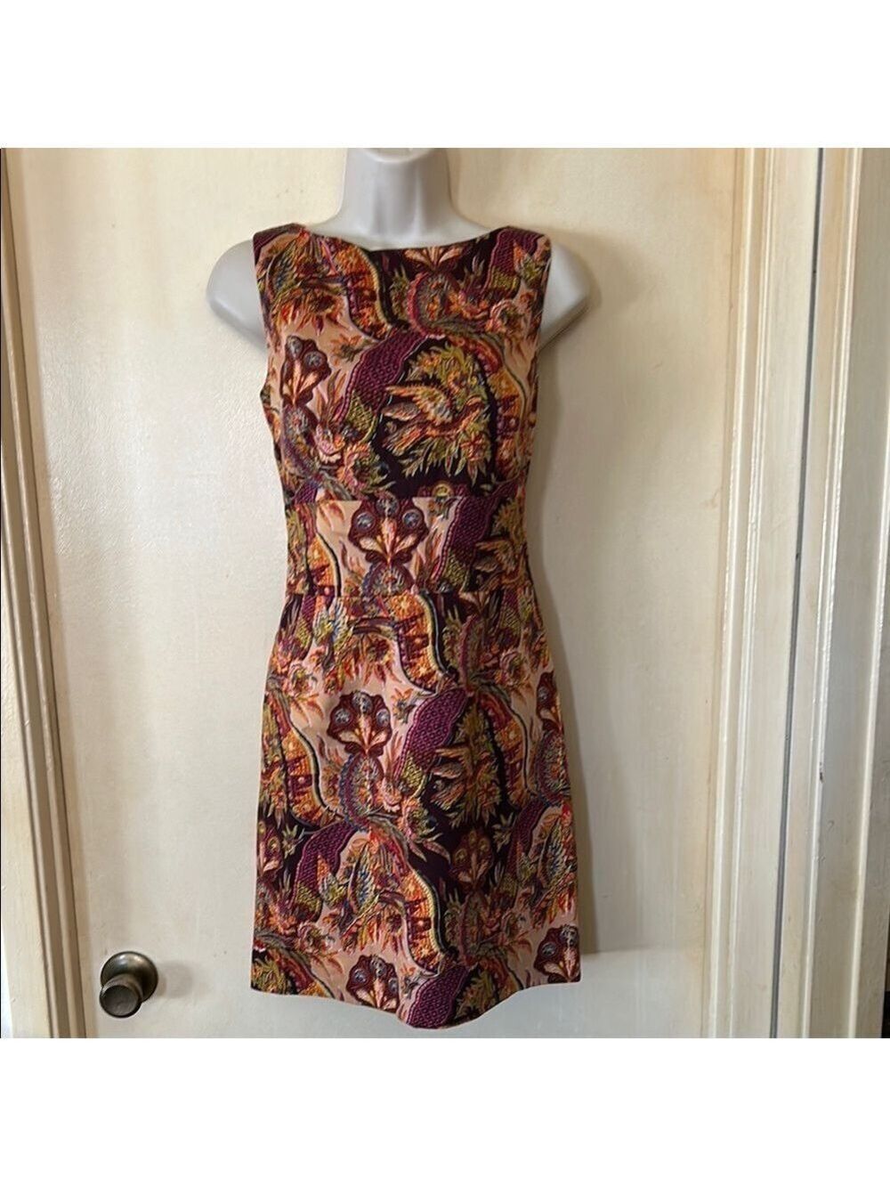 David Meister Purple Orange Sleeveless Sheath Dress Bateau Neckline Midi size 2